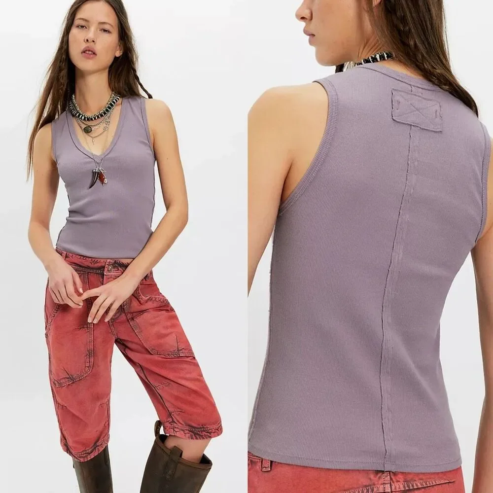 Free People X We The Free Neria V-Neck Tank Top purple dove Womens M NWOT